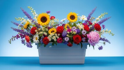 Bright summer flower arrangement in rectangular planter against blue background