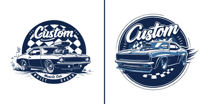 Two dynamic custom muscle car designs featuring exposed superchargers and racing emblems perfect for apparel printing