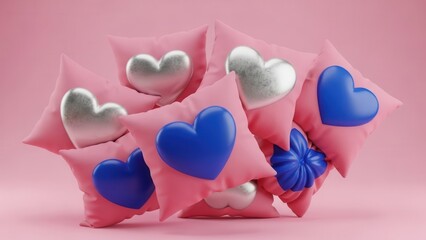 Pile of pink cushions decorated with blue and silver shiny hearts