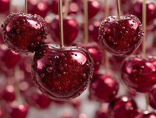Glistening ripe cherries with delicate water droplets hanging in abstract magical atmosphere for luxury festive gourmet concept