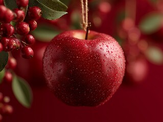 Fresh ripe apple with glistening water droplets hanging on branch with blurred berries for premium organic fruit harvest concept