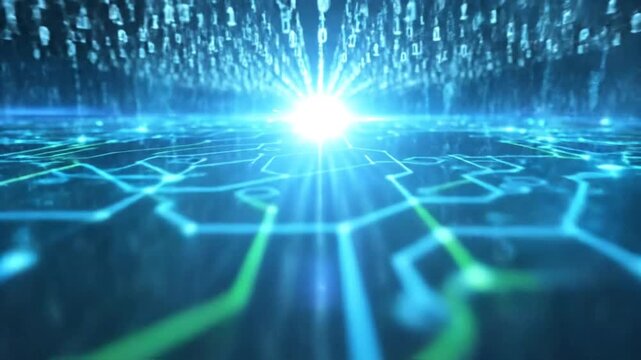 Abstract Digital Network Grid with Binary Code Falling.