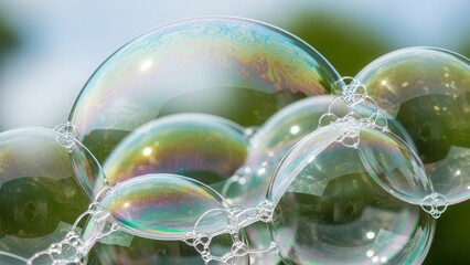 Close-up of vibrant soap bubbles reflecting colorful iridescence against a soft green background