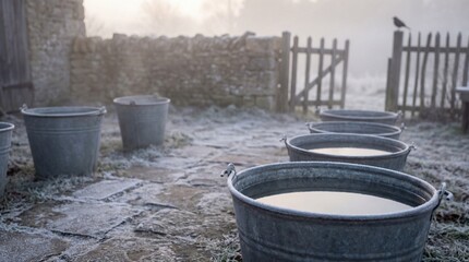 Galvanized metal buckets filled with water on a frosty stone patio during a misty winter morning, rural farm scene with a bird perched on a wooden fence at sunrise