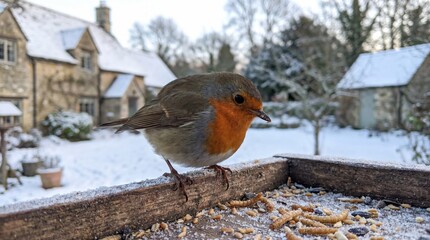 European robin perched on a wooden bird feeder in a snowy garden, feeding on seeds and mealworms during winter with traditional stone cottage in the background