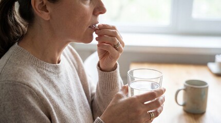 Mature woman taking a medicinal pill with a glass of water at home, healthcare and wellness routine for daily medication or vitamin supplement intake