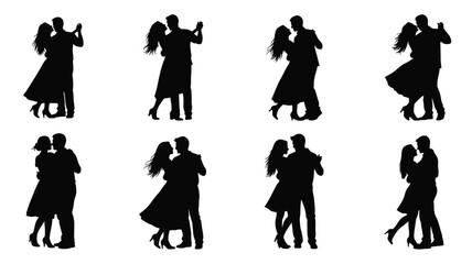 Elegant couples dancing in various poses a striking black silhouette