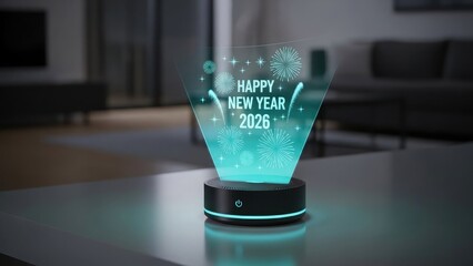Glowing hologram Happy New Year 2026 with fireworks