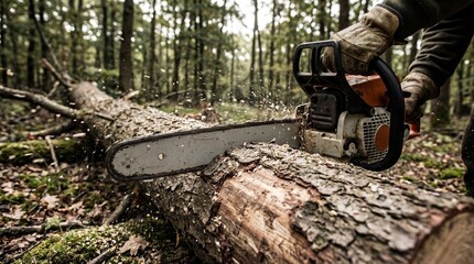 Lumberjack using a chainsaw to cut a fallen tree trunk in a dense forest, wood chips flying during logging work for forestry management and timber production