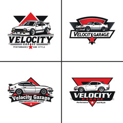 Collection of four distinct automotive performance and style garage logo designs featuring classic Japanese sports cars.
