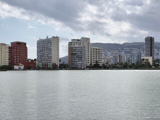 Quiet riverbank reflecting city skyline beneath cloudy sky