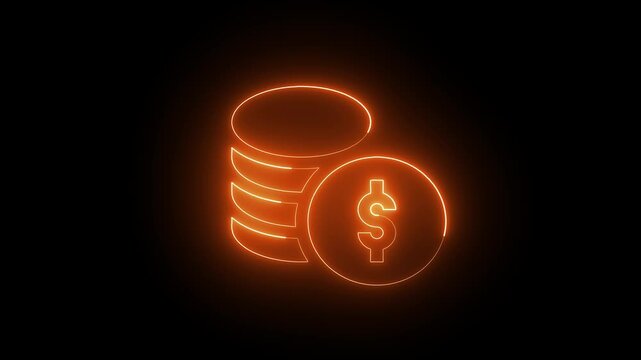 Orange glowing neon coin stack icon with dollar sign, perfect for financial growth and banking videos.