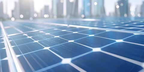 Renewable Energy Innovation Concept with Solar Panels, Advanced Holographic Interface, and Futuristic Smart Cityscape for Sustainable Power Solutions.