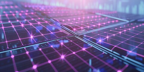 Renewable Energy Innovation Concept with Solar Panels, Advanced Holographic Interface, and Futuristic Smart Cityscape for Sustainable Power Solutions.