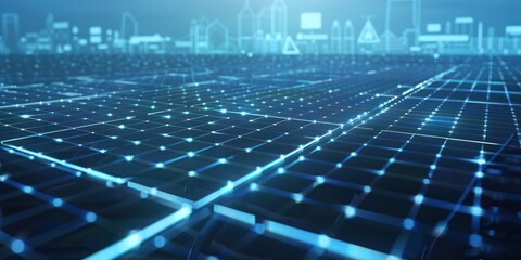 Renewable Energy Innovation Concept with Solar Panels, Advanced Holographic Interface, and Futuristic Smart Cityscape for Sustainable Power Solutions.