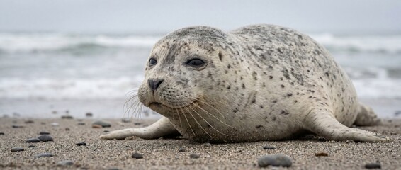 Harbor seal pup resting on a sandy beach with ocean waves in the background, wildlife photography and marine animal conservation in natural coastal habitat