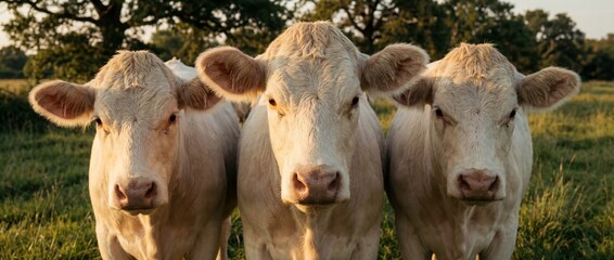 Three white cows standing in a grassy field at sunset, curious livestock looking at the camera in a rural farm landscape during golden hour for agriculture and nature concepts