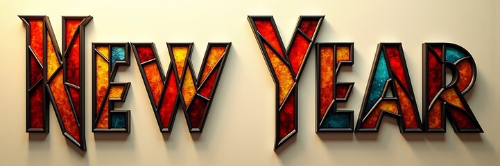 New Year stained glass typography with bold geometric design, vibrant jewel tones, and 3D shadows