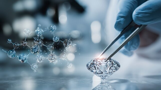 A scientist in blue gloves holds a cut diamond with tweezers near a molecule visualization. Scientific lab scene