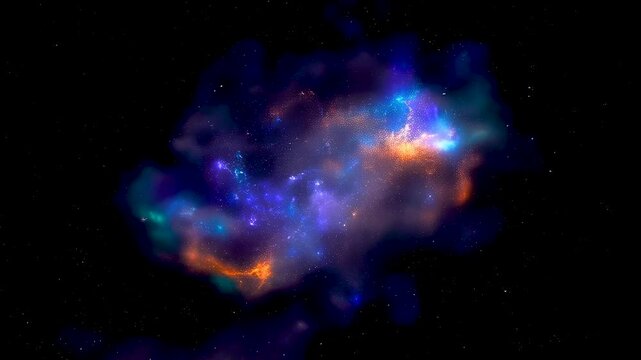 Colorful cosmic nebula drifting through deep space with glowing gas clouds, star energy bursts, and rich galactic textures in dark vacuum