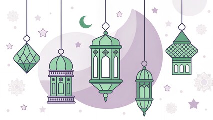 Festive Ramadan Lanterns with Stars and Moon Islamic Celebration Night Sky Spiritual Decoration Cultural Tradition Faith Glow AI Generated