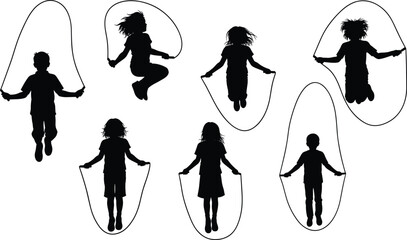 Children jumping rope silhouettes, active kids playing, childhood exercise, outdoor fun, group activity, fitness illustration, black vector, white background, motion, energy © Creative World