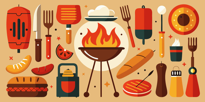 Various barbeque vector illustration icons for dinner and meal cooking elements and designs