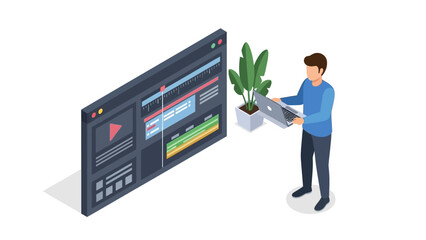 Man holding a potted plant near a large screen.