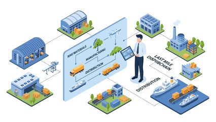 Man holding tablet with industrial flowchart.