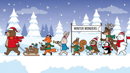 Cute winter animal parade with sleigh full of gifts festive holiday illustration for Christmas and New Year greeting cards isolated on snowy background