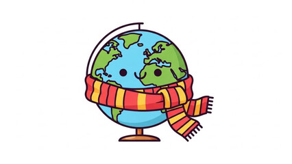 Cute cartoon globe wearing a warm scarf representing climate change or cold weather isolated on white background
