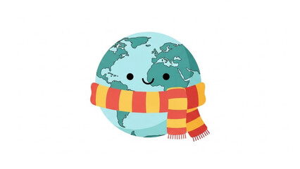 Cute cartoon planet Earth character wearing a warm scarf representing cold weather or climate change concept isolated on white background