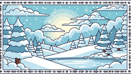Winter landscape illustration with snow-covered trees and hills a frozen lake under a cloudy sky with sun perfect for seasonal greetings and nature backgrounds