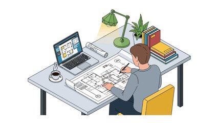 Man Working on Blueprint at Desk.