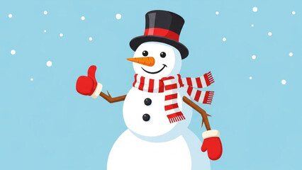 Happy snowman with carrot nose and striped scarf giving a thumbs up gesture isolated on a snowy blue background perfect for winter holiday designs