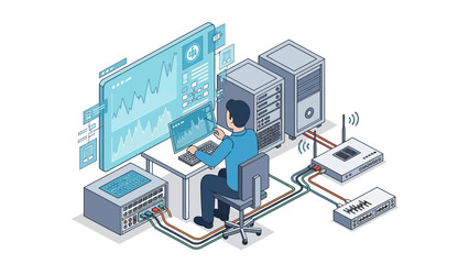 Man working on computer server systems.