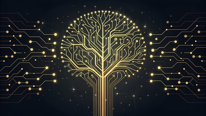 Golden Neural Network Tree of Digital Intelligence Futuristic Mind Technology Data Growth Artificial Thought Visualization Innovation AI Generated