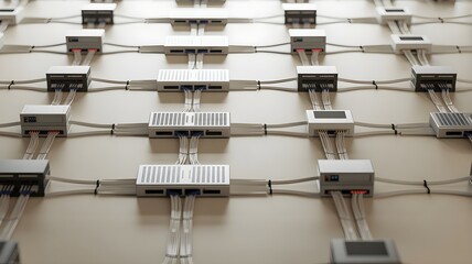 Facade of building with multiple air conditioner units and interconnected cable network illustrating network topology concept.