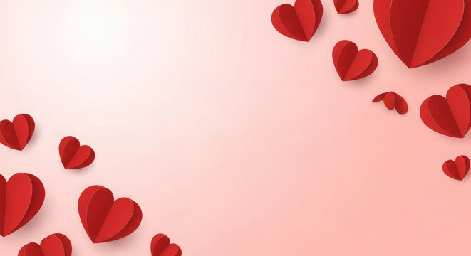 Scattered Bright Red Paper Hearts Floating on Soft Pink Gradient Background