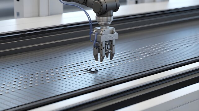 Robotic pick-and-place head with vacuum gripper handling electronic component on conveyor &acirc;&euro;&rdquo; automation for fast, precise component placement.