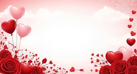 Soft Pink Background With Floating Red Hearts And Roses Romantic Valentine Celebration Elements