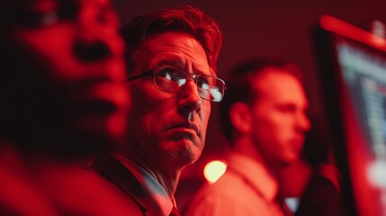 Serious expressions of three men in suits illuminated by dramatic red lighting in a dimly lit office setting
