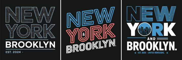 A collection of three stylized graphic designs featuring bold typography for New York and Brooklyn set against a black background.