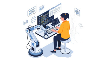 Woman working with robotic arm on computer.