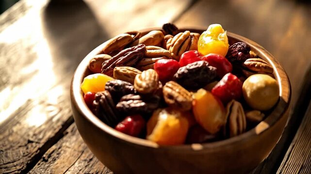 Rustic Bowl of Mixed Nuts and Dried Fruits. A wooden bowl filled with a vibrant assortment of mixed nuts and dried fruits, including almonds, walnuts, raisins, apricots, and hazelnuts. 