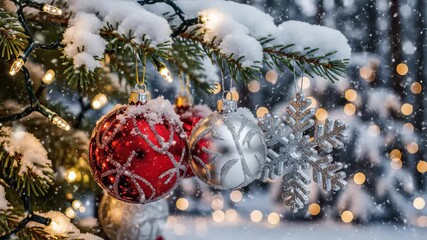 Decorating Christmas Tree With Baubles and Lights Covered in Snow