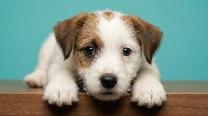 Close up of cute Jack Russell Terrier puppy lying on wooden table and looking at camera with curiosity isolated on turquoise background