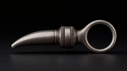 Bottle opener with textured grip and circular handle, metallic silver bar tool on black background for beverage service