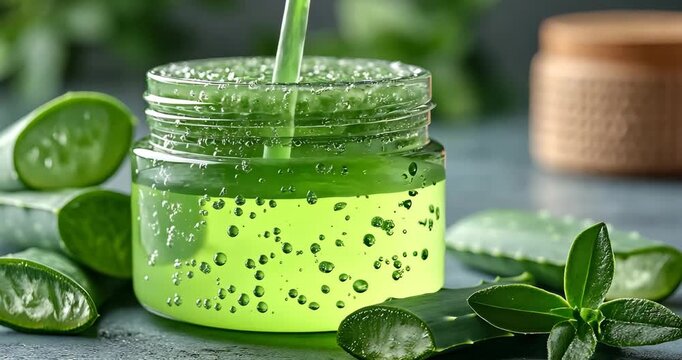 A close-up shot showcases a jar of fresh aloe vera gel surrounded by aloe  leaves, emphasizing natural skincare.