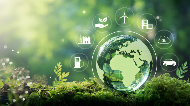 Eco friendly sustainable earth with green forest and icons representing renewable energy sources and environmentally friendly practices for a cleaner future